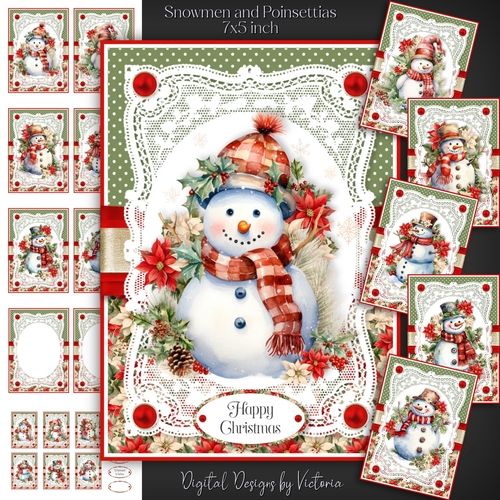 Snowmen and Poinsettias 7x5 inch