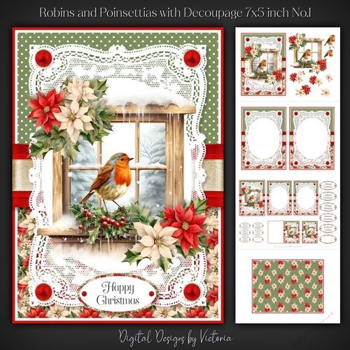 Robins and Poinsettias with Decoupage 7x5 inch No.1