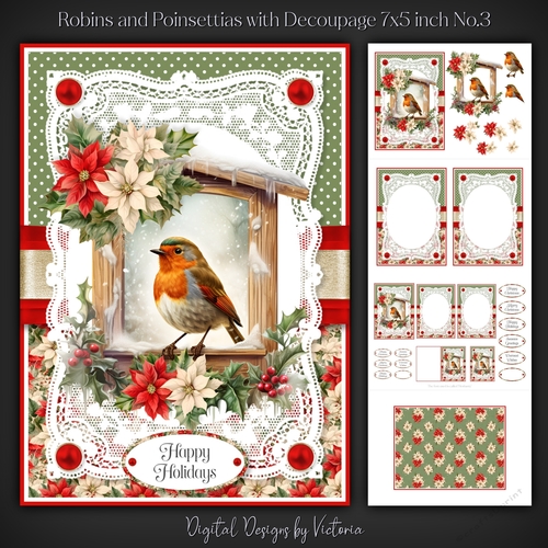 Robins and Poinsettias with Decoupage 7x5 inch No.3