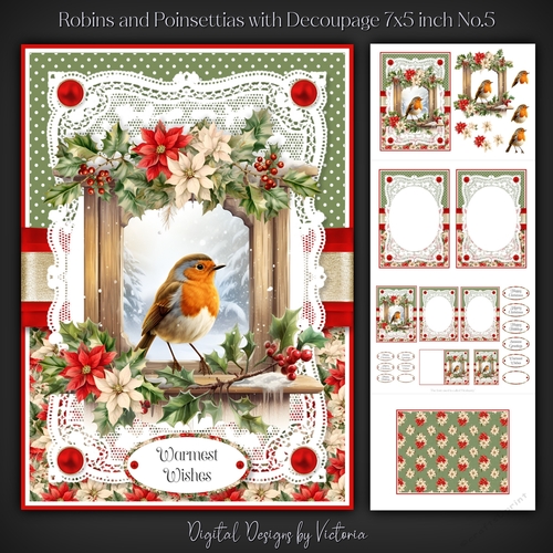 Robins and Poinsettias with Decoupage 7x5 inch No.5