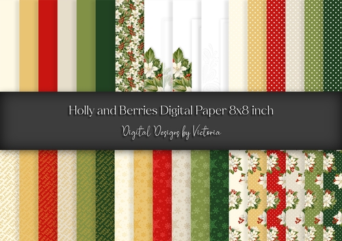 Holly and Berries Digital Paper 8x8 inch