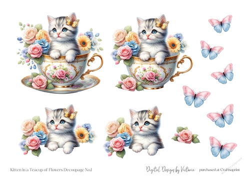 Kitten in a Teacup of Flowers Decoupage No.1