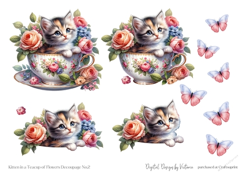 Kitten in a Teacup of Flowers Decoupage No.2