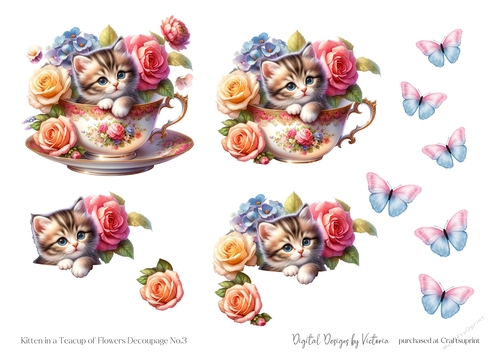 Kitten in a Teacup of Flowers Decoupage No.3