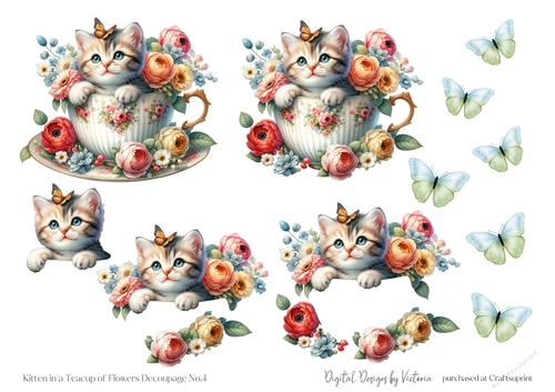 Kitten in a Teacup of Flowers Decoupage No.4