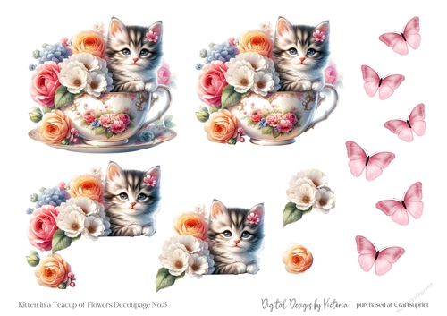 Kitten in a Teacup of Flowers Decoupage No.5