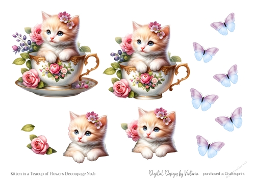 Kitten in a Teacup of Flowers Decoupage No.6