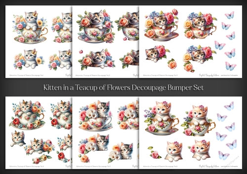 Kitten in a Teacup of Flowers Decoupage Bumper Set
