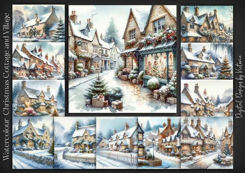 Watercolour Christmas Cottage and Village