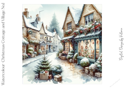 Watercolour Christmas Cottage and Village No.1