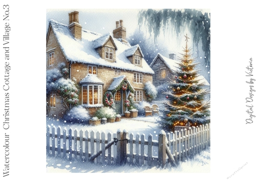 Watercolour Christmas Cottage and Village No.3