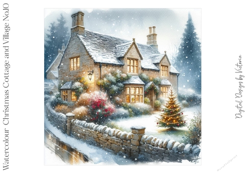 Watercolour Christmas Cottage and Village No.10