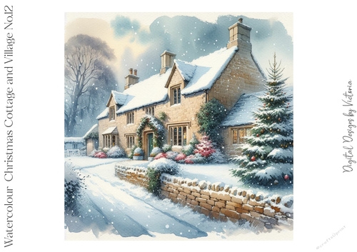 Watercolour Christmas Cottage and Village No.12