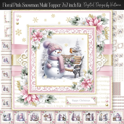 Floral Pink Snowman Multi Topper 7x7 inch Kit