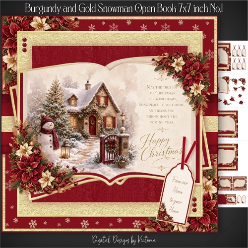 Burgundy and Gold Snowman Open Book 7x7 inch No.1