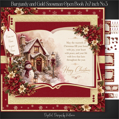Burgundy and Gold Snowman Open Book 7x7 inch No.3