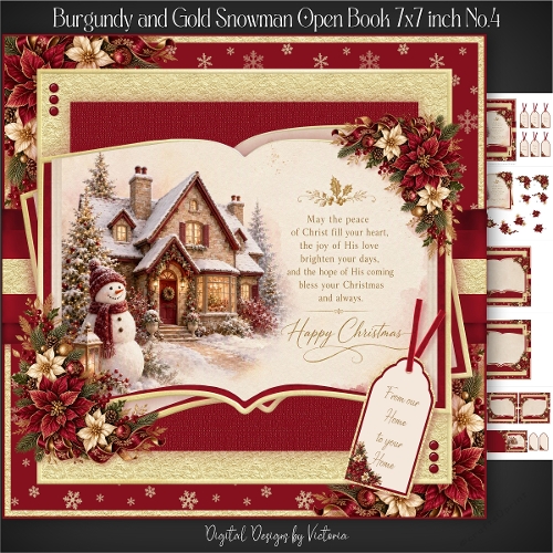Burgundy and Gold Snowman Open Book 7x7 inch No.4