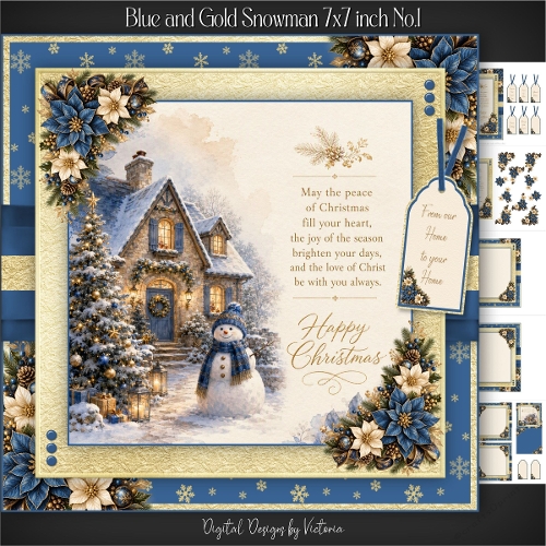 Blue and Gold Snowman 7x7 inch No.1