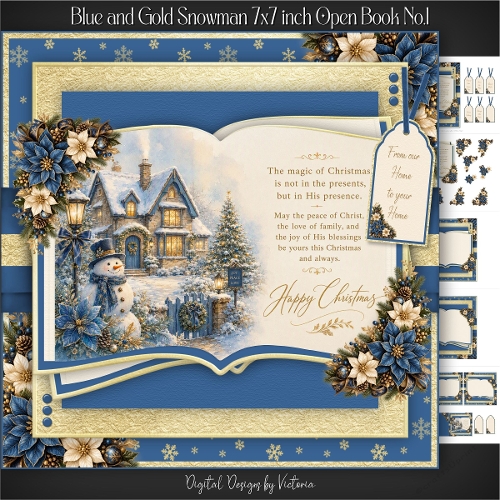 Blue and Gold Snowman 7x7 inch Open Book No.1