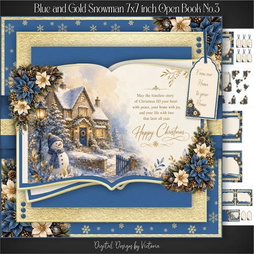 Blue and Gold Snowman 7x7 inch Open Book No.3