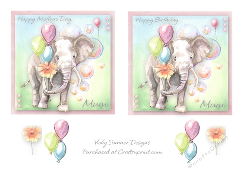 Elephant Birthday and Mothers Day 5 Toppers for Mum