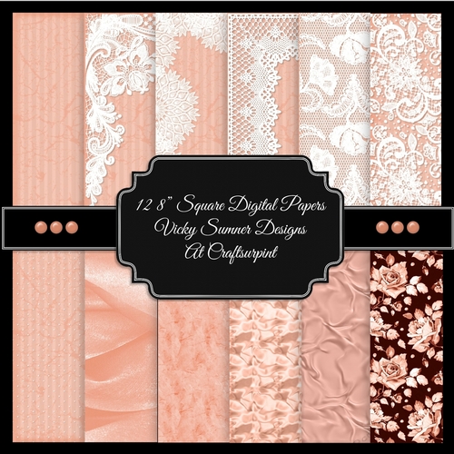Peach Satin and Lace Square Digital Paper set of 12