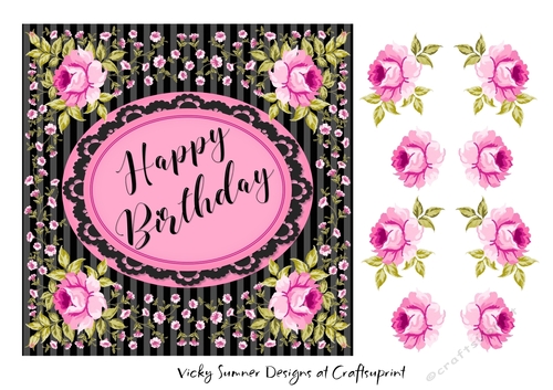 Pink and Black Floral Happy Birthday
