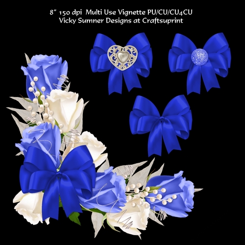 Rose Bud and Bow Blue Vignette