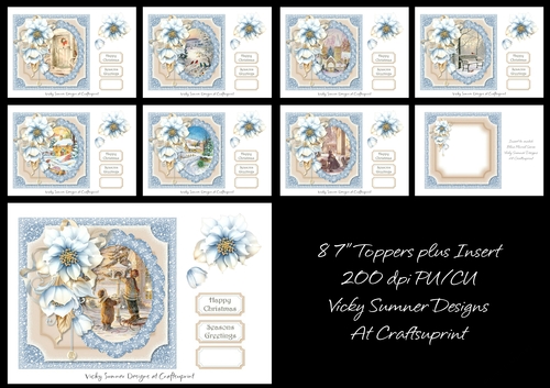 Blue Floral Christmas Scene 7x7 Toppers set of 8 Plus Insert