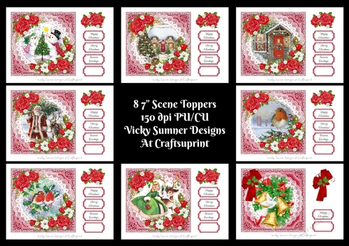 Red Floral Christmas Scene 7x7 Toppers set of 8