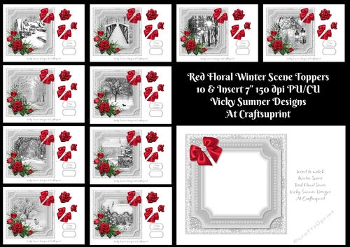 Red Floral Winter Scene 7x7 set of 10 + Insert