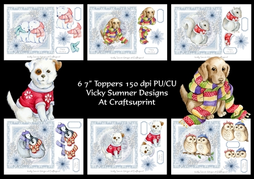 Christmas Animals Set of 6 7x7 Toppers