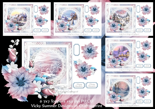 Pink and Blue Pastel Winter Scenes 7x7 set of 6