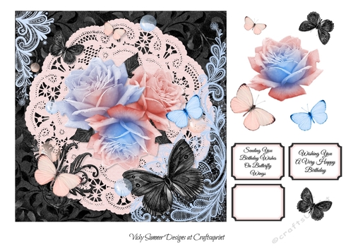 Pink Blue Black and Roses Butterfly Wishes