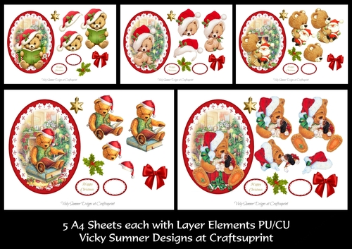 Vintage Christmas Teddy Toppers set of 5 A4 Sheets