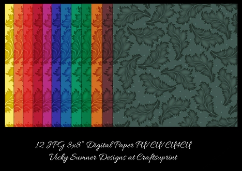 Leaf Patterned 2 Digital 8x8 Papers in Autumn Fall Colours set of 12