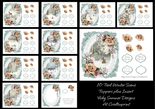 Teal Winter Scene A5 Toppers set of 10 Plus Insert
