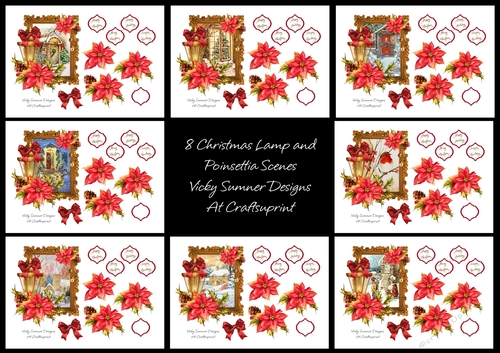 Christmas Lamp and Poinsettia Scenes set of 8