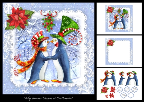 Penguin Couple Christmas Kiss Under the Mistletoe