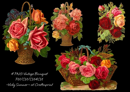 Vintage Floral Bouquets and Baskets set of 4 PNG