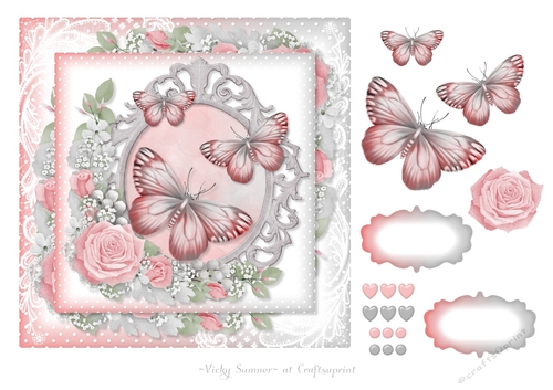 Pink and Grey Butterfly Floral Blank