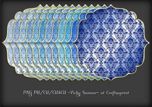 Blue Hues Damask Gold Edged Shaped Mat 2