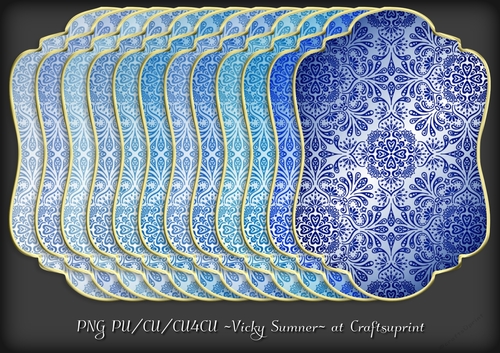 Blue Hues Damask Gold Edged Shaped Mat 3