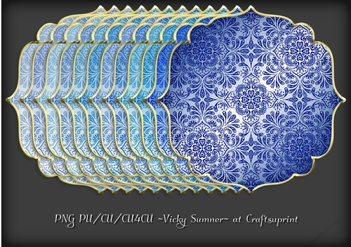Blue Hues Damask Gold Edged Shaped Mat 4