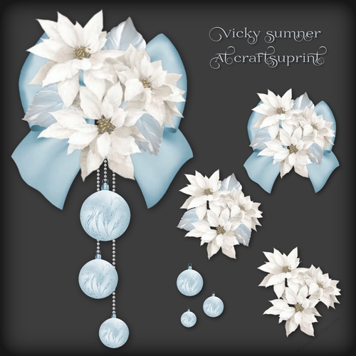 White Poinsettia Soft Blue Bauble and Bow Vignette