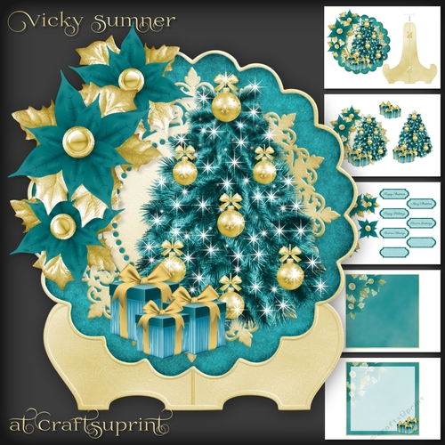 Teal Christmas Tree and Poinsettia Plate and Stand