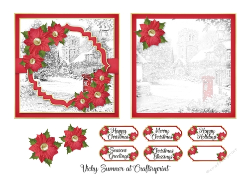 Christmas Village Sketch and Poinsettia 5x5 inch Quick Card