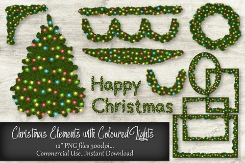 Christmas Elements with Coloured Lights PNG