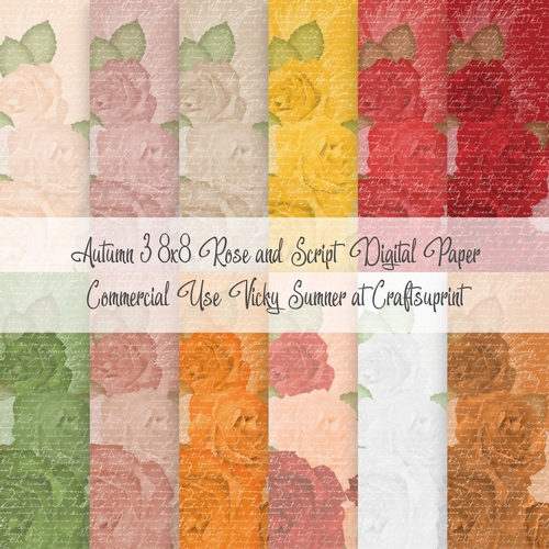 Autumn 3 Rose and Script 8x8 inch Digital Paper