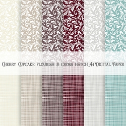 Cherry Cupcake Flourish and Cross Hatch A4 Digital Paper